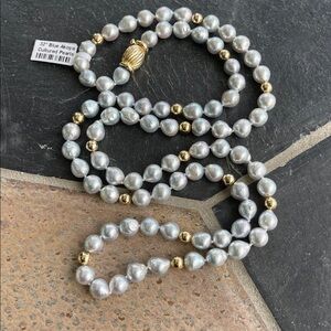Elegant Blue Akoya Pearls and 14kt. Yellow Gold Beaded Necklace 32” long